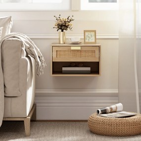 HOMCOM Set de 2 Noptiere Suspendate cu Sertar din Ratan Raft Deschis Economisire Spațiu 40x30x25 cm Stejar | Aosom Romania