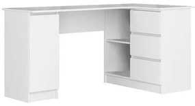 Birou calculator pe colt, placa laminata, 3 sertare, 4 rafturi, alb, 155x85x77 cm