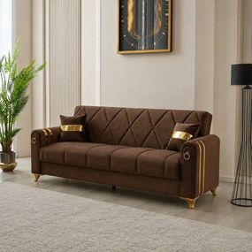 Canapea extensibila cu lada de depozitare 220x87x93 cm, maro si detalii aurii – Camara