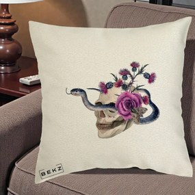 Perna Decorativa Craniu cu Sarpe si Trandafiri Gothic, 40x40 cm, Ecru, Husa Detasabila, Perna Inclusa, BEKZ®