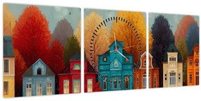 Tablou - Oraș de toamnă pictat (cu ceas) (90x30 cm)