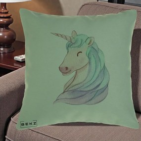 Perna Decorativa Unicorn Acuarela Pastel, 40x40 cm, Verde, Husa Detasabila, Perna Inclusa, BEKZ®