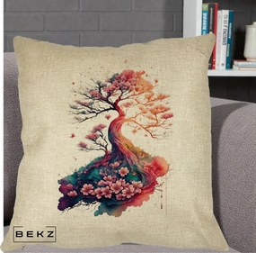 Perna Decorativa Copac Sakura Acuarela Fantasy, 40x40 cm, Crem, Husa Detasabila, Perna Inclusa, BEKZ®