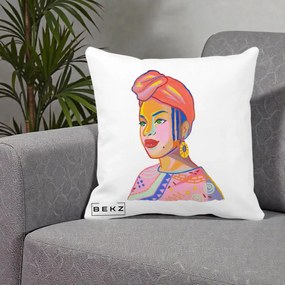 Perna Decorativa Portret Femeie Africana, 40x40 cm, Alba Mata, Husa Detasabila, Perna Inclusa, BEKZ®
