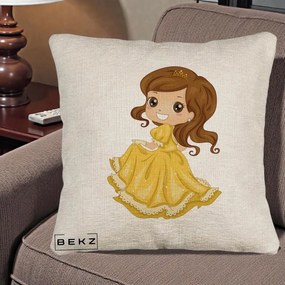 Perna Decorativa Printesa Bella Rochie Aurie, 40x40 cm, Bej Canapea, Husa Detasabila, Perna Inclusa, BEKZ®