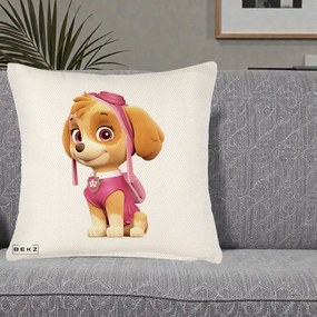 Perna Personalizata Skye PAW Patrol Roz, 40x40 cm, Crem Reliefat, Husa Detasabila, Perna Inclusa, BEKZ®