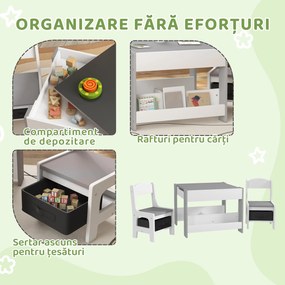 HOMCOM Set de Masă și Scaun pentru Copii, Set de Birou și Scaun pentru Copii 2-în-1 cu Tablă și Rafturi pentru Cărți, 61.5x61.5x48 cm, Gri | Aosom Romania