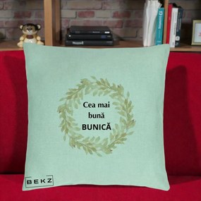 Cadou pentru Bunica - Perna Personalizata Cea Mai Buna Bunica Coronita Frunze Acuarela, 40x40 cm, Verde Menta, Husa Detasabila, Perna Inclusa, BEKZ®