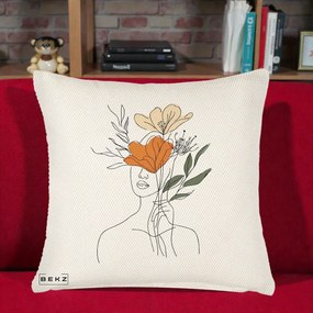 Perna Decorativa Portret Feminin Coroana Florala, 40x40 cm, Crem Reliefat, Husa Detasabila, Perna Inclusa, BEKZ®