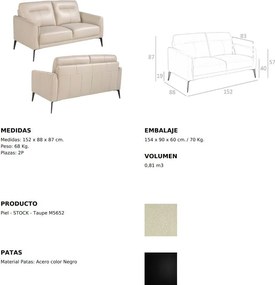 Canapea 2 locuri eleganta, design italian Cowhide leather taupe grey