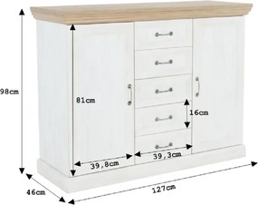 Comodă, 2 uşi cu 5 sertare, pin nordic/stejar sălbatic, ROYAL K2D