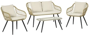 Outsunny Set Mobilier de Grădină din 4 Piese cu Canapea, 2 Fotolii cu Perne Lavabile și Măsuță, 120x65x78 cm, Bej | Aosom Romania