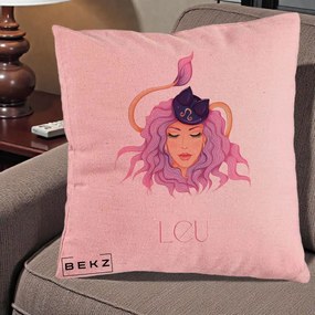 Perna Personalizata Zodie Leu, 40x40 cm, Roz, Husa Detasabila, Perna Inclusa, BEKZ®