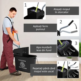 HOMCOM Cărucior Profesional pentru Curățenie cu Găleată pentru Mop de 20L, 60x27x70,5 cm, Negru | Aosom Romania