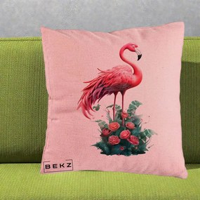 Perna Decorativa Flamingo cu Trandafiri Tropicali, 40x40 cm, Roz, Husa Detasabila, Perna Inclusa, BEKZ®