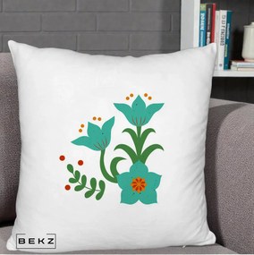 Perna Decorativa Flori Stilizate Folk Turcoaz, 40x40 cm, Alb Pufos, Husa Detasabila, Perna Inclusa, BEKZ®