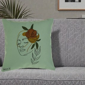 Perna Decorativa Portret Feminin Trandafir Ruginiu, 40x40 cm, Verde, Husa Detasabila, Perna Inclusa, BEKZ®
