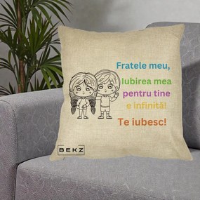 Cadou pentru Frate - Perna Personalizata Fratele Meu Te Iubesc Copii Anime Colorat, 40x40 cm, Crem, Husa Detasabila, Perna Inclusa, BEKZ®