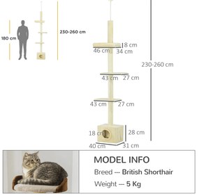 PawHut Copac de pisici stalp de zgariat inaltime reglabila dim. 440L x 31P x 240 - 270H cm 4 nivele de activitati cu asezare | Aosom Romania