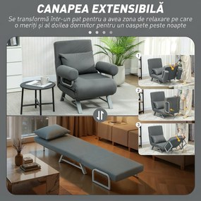 HOMCOM Fotoliu Pat 3 în 1 cu Spătar Reclinabil pe 5 Nivele, din Țesătură Efect de In, 73x78x81 cm, Gri Închis | Aosom Romania
