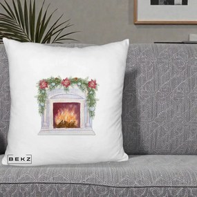 Perna Decorativa Semineu de Craciun Watercolor, 40x40 cm, Alb Pufos, Husa Detasabila, Perna Inclusa, BEKZ®