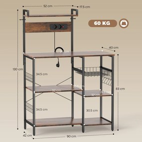 HOMCOM Raft pentru bucătărie, raft independent cu 2 prize, 5 cârlige S, 5 polițe, coș, bare în X, oțel 90 x 42 x 130 cm | Aosom Romania
