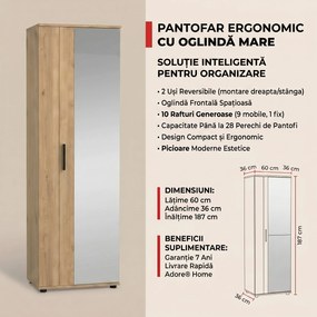 Pantofar Adore Porto, 2 usi reversibile cu oglinda, 10 rafturi, capacitate 28 perechi, 60 x 187 x 36 cm