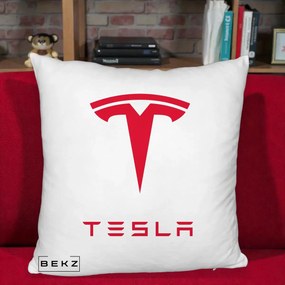 Perna Personalizata cu emblema Tesla, 40x40 cm, Alb Pufos, Husa Detasabila, Perna Inclusa, BEKZ®