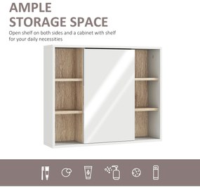 HOMCOM Dulap cu Oglinda din MDF si PAL, Dulap de Baie cu 3 Rafturi Laterale si Raft Interior Reglabil, 60x14.5x49.4 cm, Alb si Lemn Natur | Aosom RO