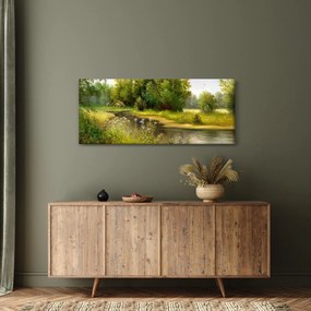 Tablou - Râu lângă pădure, pictură în ulei (120x50 cm)
