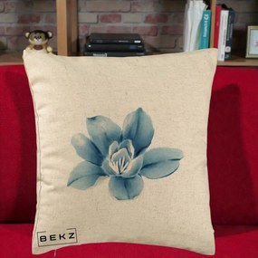 Perna Decorativa Magnolie Albastra Acuarela, 40x40 cm, Bej, Husa Detasabila, Perna Inclusa, BEKZ®