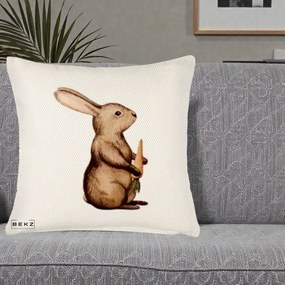Perna Decorativa Iepuras Acuarela cu Morcov, 40x40 cm, Crem Reliefat, Husa Detasabila, Perna Inclusa, BEKZ®