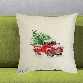 Perna Decorativa Camioneta Rosie Brad de Craciun, 40x40 cm, Ecru, Husa Detasabila, Perna Inclusa, BEKZ®