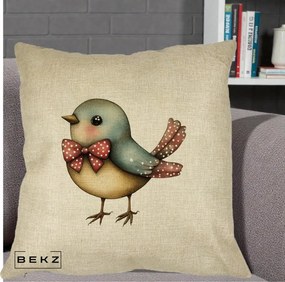 Perna Decorativa Pasare Bleu cu Fundita Rosie, 40x40 cm, Crem, Husa Detasabila, Perna Inclusa, BEKZ®