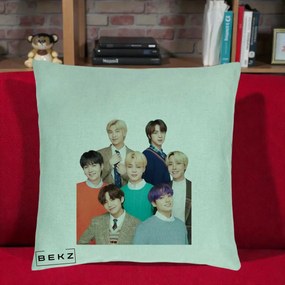 Perna Personalizata K-pop BTS Fotografie Grup Tinute Elegante, 40x40 cm, Verde Menta, Husa Detasabila, Perna Inclusa, BEKZ®