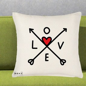Perna Decorativa Love cu Sageti Incrucisate si Inima Rosie, 40x40 cm, Crem Reliefat, Husa Detasabila, Perna Inclusa, BEKZ®