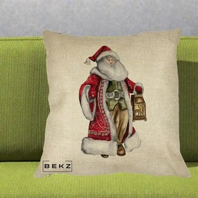 Perna Decorativa Mos Craciun Vintage cu Felinar, 40x40 cm, Crem, Husa Detasabila, Perna Inclusa, BEKZ®