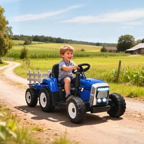 HOMCOM Tractor Electric pentru Copii cu Remorcă Detașabilă, Telecomandă, Port USB, Muzică și Lumini, 3-6 Ani, Albastru | Aosom Romania