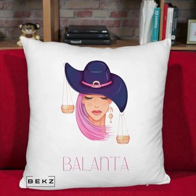 Perna Personalizata Zodiac Balanta Cowgirl, 40x40 cm, Alb Pufos, Husa Detasabila, Perna Inclusa, BEKZ®