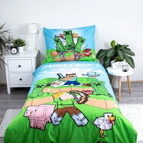 Lenjerie de pat pentru copii verde-albastră din bumbac pentru pat de o persoană 140x200 cm Minecraft "Outdoor Mobs" – Jerry Fabrics