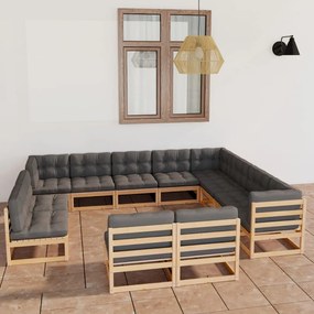 Set mobilier de gradina cu perne, 12 piese, lemn masiv de pin Maro, 1, Da