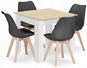 Set de sufragerie 1 + 4, masa MADO 80x80 alb/stejar sonoma + scaune BALI MARK negru
