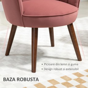 HOMCOM Fotoli captusit cu spatar tip scoica si picioare din lemn, 66x66x78.5cm, Roz | Aosom Romania