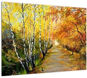 Tablou pe sticlă - Alee romantică de-a lungul apei, pictură în ulei (70x50 cm)