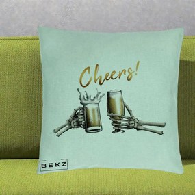 Perna Decorativa Halloween Cheers Schelete cu Bere, 40x40 cm, Verde Menta, Husa Detasabila, Perna Inclusa, BEKZ®