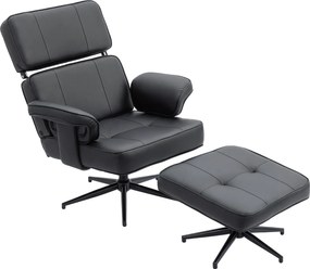 HOMCOM Fotoliu recliner reglabil cu otoman, tapițerie din piele ecologică, tetieră reglabilă pe înălțime, bază metalică, Negru | Aosom Romania