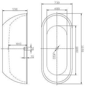 Cadă de baie tip insulă, Florida, Aura, ovală, cu instalație cu ventil click clack, 169 cm