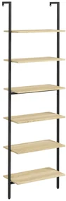 HOMCOM Raft tip scară montabil pe perete, 6 rafturi, stil industrial, oțel negru și lemn natural, 60x30x206 cm | Aosom Romania