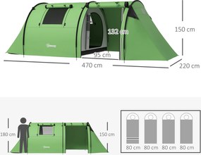 Outsunny Cort de camping pentru 3-4 persoane, stabil, impermeabil, cort familial cu dormitor și zonă de zi, rezistență la apă 3000 mm, Verde închis | Aosom Romania