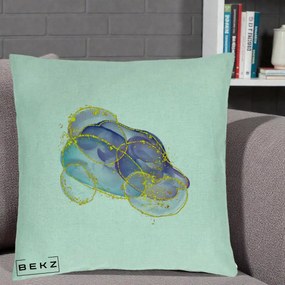Perna Decorativa Abstract Acuarela Albastru-Mov cu Cercuri Aurii, 40x40 cm, Verde Menta, Husa Detasabila, Perna Inclusa, BEKZ®